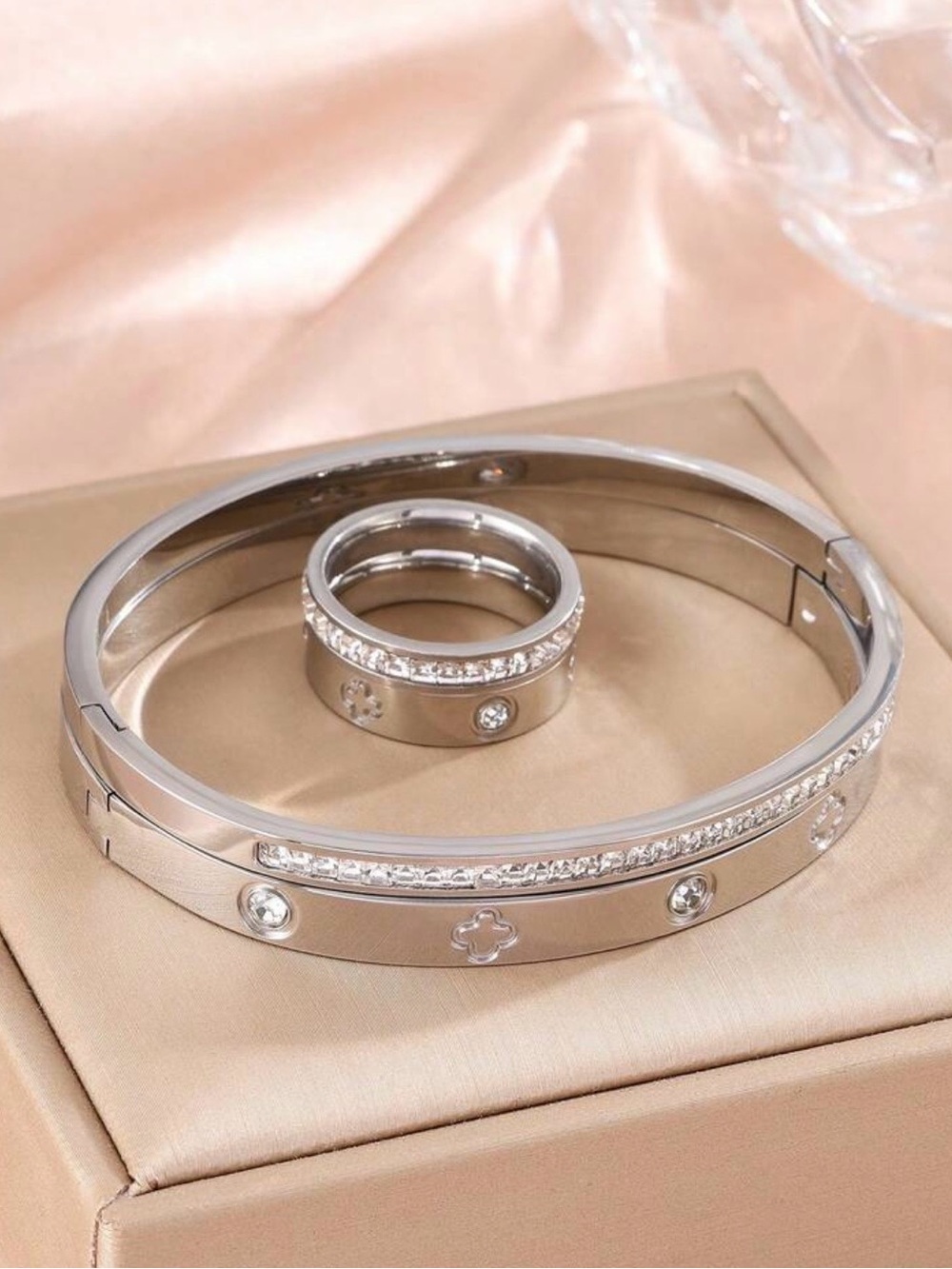 Polished Silver-Tone Crystal Bangle and Ring Set - Picture 2 of 2